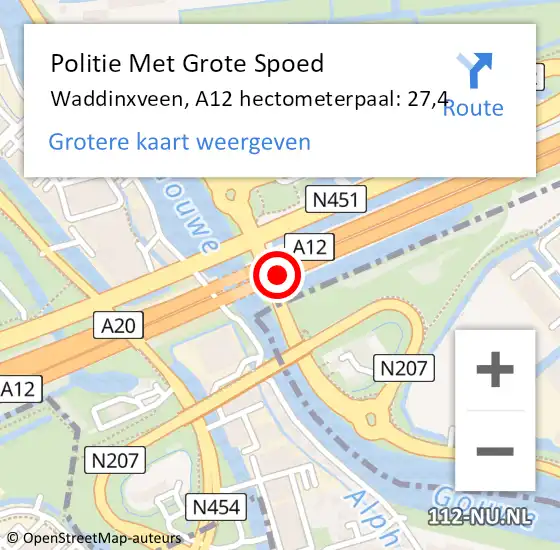 Locatie op kaart van de 112 melding: Politie Met Grote Spoed Naar Waddinxveen, A12 hectometerpaal: 27,4 op 18 juli 2024 16:44