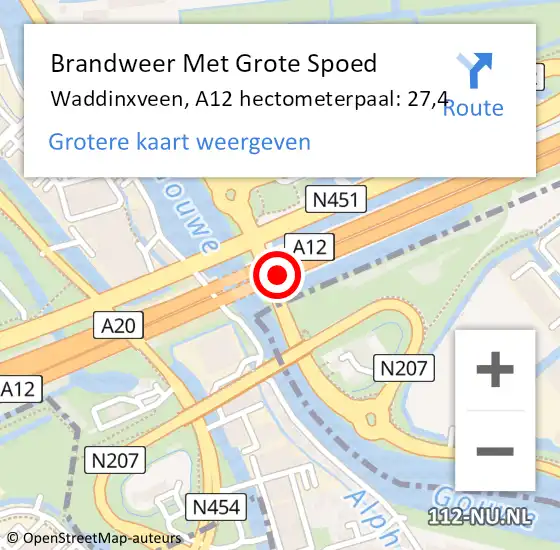 Locatie op kaart van de 112 melding: Brandweer Met Grote Spoed Naar Waddinxveen, A12 hectometerpaal: 27,4 op 18 juli 2024 16:45