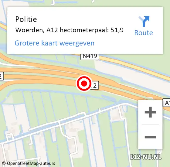 Locatie op kaart van de 112 melding: Politie Woerden, A12 hectometerpaal: 51,9 op 18 juli 2024 16:49