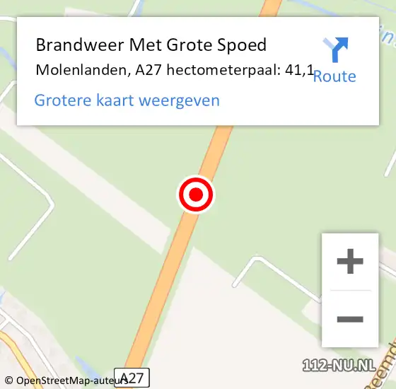 Locatie op kaart van de 112 melding: Brandweer Met Grote Spoed Naar Molenlanden, A27 hectometerpaal: 41,1 op 18 juli 2024 16:57