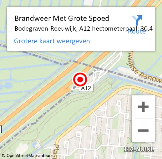 Locatie op kaart van de 112 melding: Brandweer Met Grote Spoed Naar Bodegraven-Reeuwijk, A12 hectometerpaal: 30,4 op 18 juli 2024 17:06