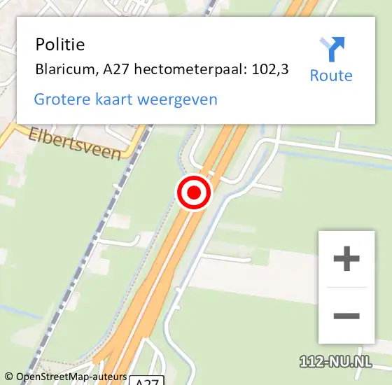 Locatie op kaart van de 112 melding: Politie Blaricum, A27 hectometerpaal: 102,3 op 18 juli 2024 17:07