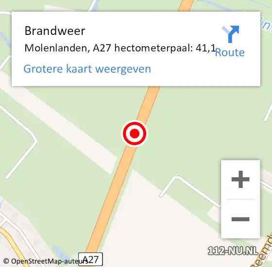 Locatie op kaart van de 112 melding: Brandweer Molenlanden, A27 hectometerpaal: 41,1 op 18 juli 2024 17:08
