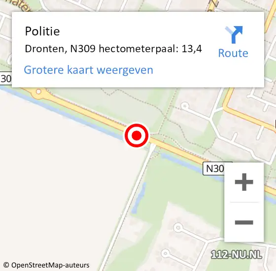 Locatie op kaart van de 112 melding: Politie Dronten, N309 hectometerpaal: 13,4 op 18 juli 2024 17:19