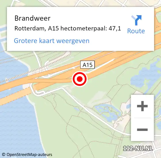 Locatie op kaart van de 112 melding: Brandweer Rotterdam, A15 hectometerpaal: 47,1 op 18 juli 2024 18:32