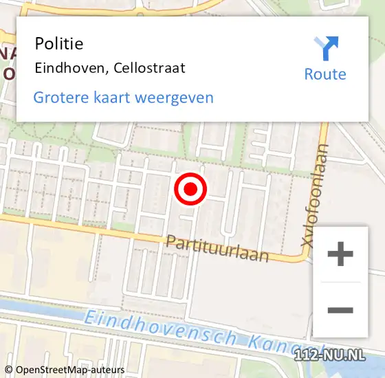 Locatie op kaart van de 112 melding: Politie Eindhoven, Cellostraat op 18 juli 2024 18:34