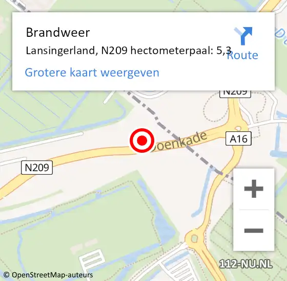 Locatie op kaart van de 112 melding: Brandweer Lansingerland, N209 hectometerpaal: 5,3 op 18 juli 2024 18:44