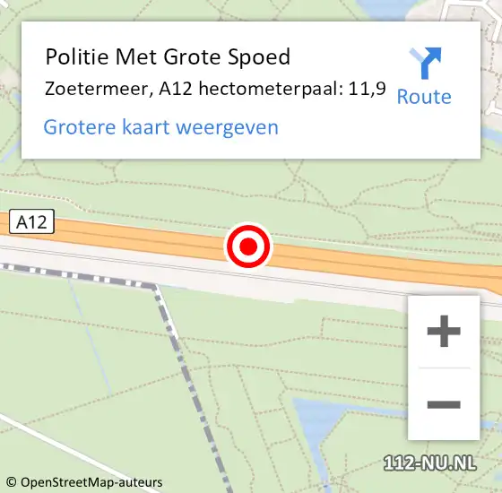 Locatie op kaart van de 112 melding: Politie Met Grote Spoed Naar Zoetermeer, A12 hectometerpaal: 11,9 op 18 juli 2024 19:48