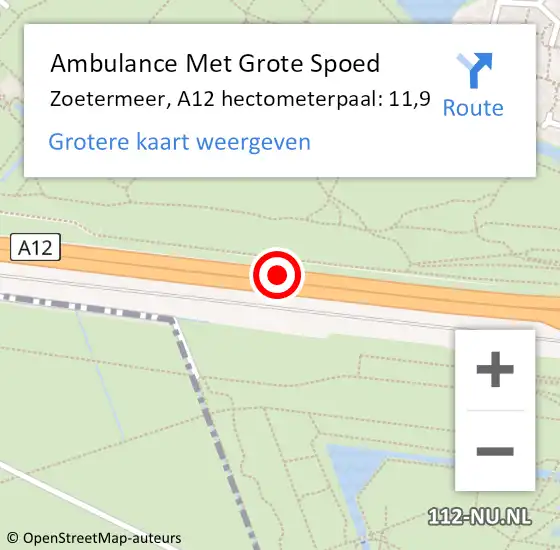 Locatie op kaart van de 112 melding: Ambulance Met Grote Spoed Naar Zoetermeer, A12 hectometerpaal: 11,9 op 18 juli 2024 19:49