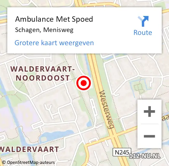 Locatie op kaart van de 112 melding: Ambulance Met Spoed Naar Schagen, Menisweg op 18 juli 2024 20:21