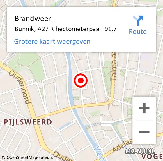 Locatie op kaart van de 112 melding: Brandweer Bunnik, A27 R hectometerpaal: 91,7 op 13 oktober 2014 15:14