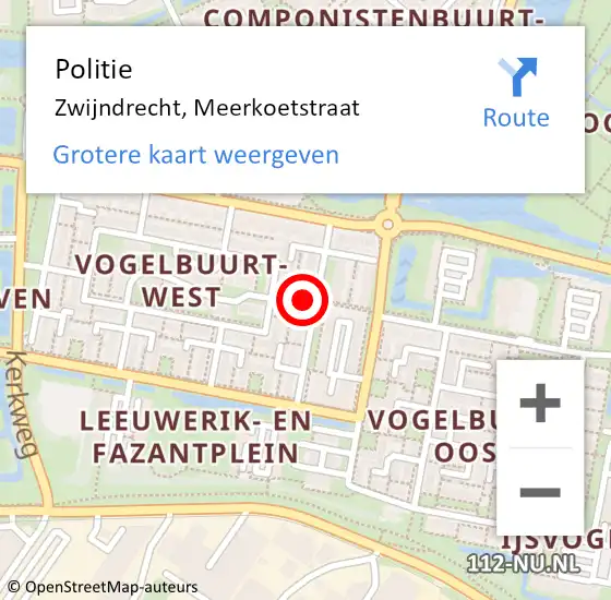 Locatie op kaart van de 112 melding: Politie Zwijndrecht, Meerkoetstraat op 19 juli 2024 03:00