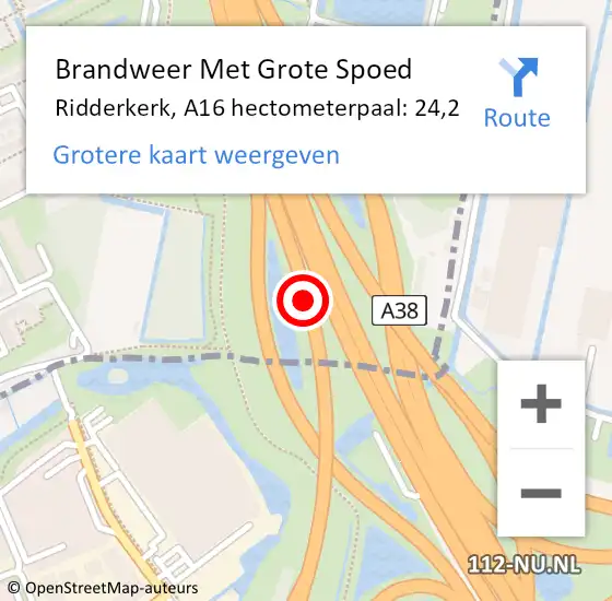 Locatie op kaart van de 112 melding: Brandweer Met Grote Spoed Naar Ridderkerk, A16 hectometerpaal: 24,2 op 19 juli 2024 03:57