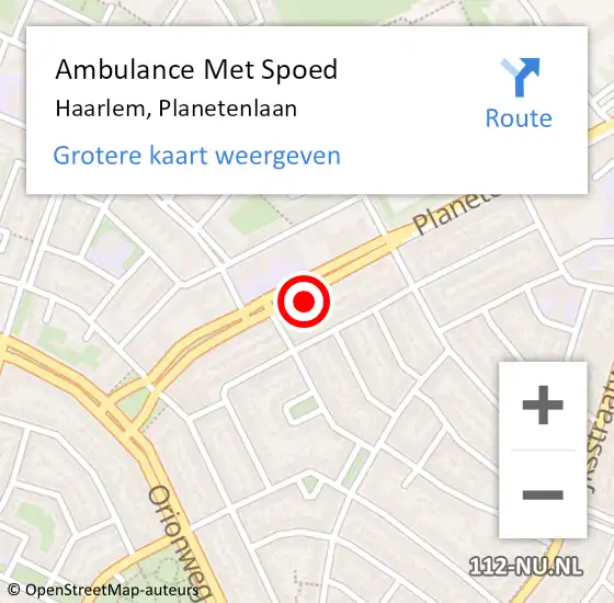 Locatie op kaart van de 112 melding: Ambulance Met Spoed Naar Haarlem, Planetenlaan op 19 juli 2024 08:41