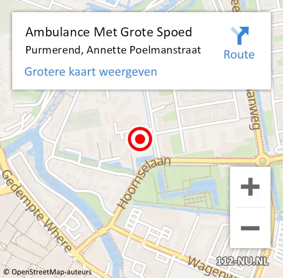 Locatie op kaart van de 112 melding: Ambulance Met Grote Spoed Naar Purmerend, Annette Poelmanstraat op 19 juli 2024 08:58