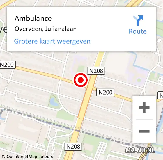 Locatie op kaart van de 112 melding: Ambulance Overveen, Julianalaan op 19 juli 2024 09:16