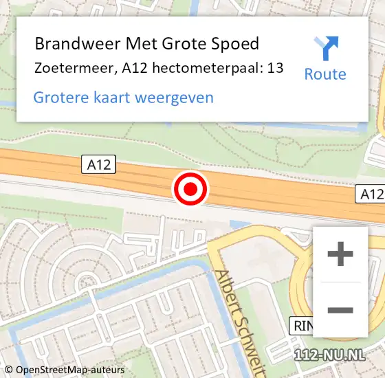 Locatie op kaart van de 112 melding: Brandweer Met Grote Spoed Naar Zoetermeer, A12 hectometerpaal: 13 op 19 juli 2024 09:47