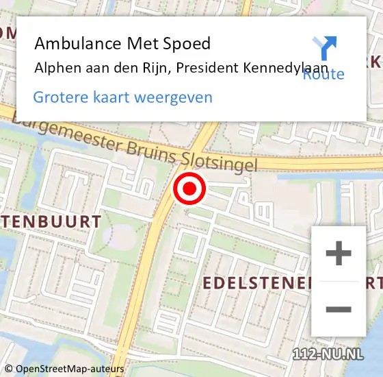 Locatie op kaart van de 112 melding: Ambulance Met Spoed Naar Alphen aan den Rijn, President Kennedylaan op 19 juli 2024 09:52