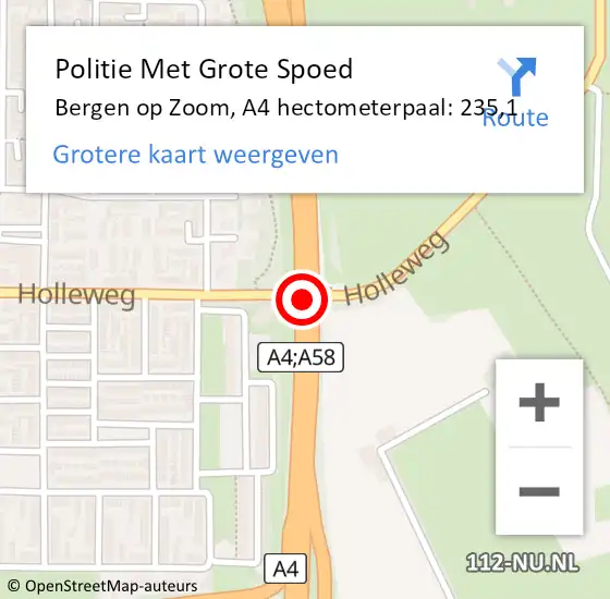 Locatie op kaart van de 112 melding: Politie Met Grote Spoed Naar Bergen op Zoom, A4 hectometerpaal: 235,1 op 19 juli 2024 11:16