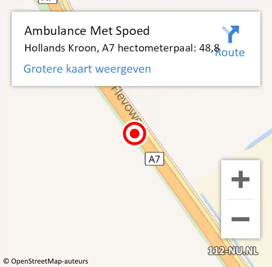 Locatie op kaart van de 112 melding: Ambulance Met Spoed Naar Hollands Kroon, A7 hectometerpaal: 48,8 op 19 juli 2024 11:22