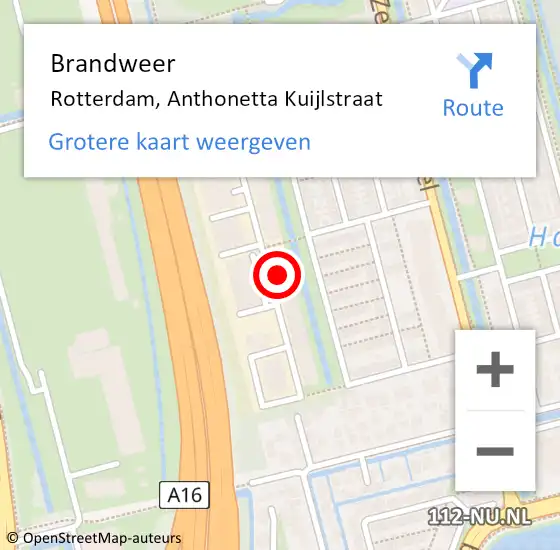 Locatie op kaart van de 112 melding: Brandweer Rotterdam, Anthonetta Kuijlstraat op 19 juli 2024 12:03