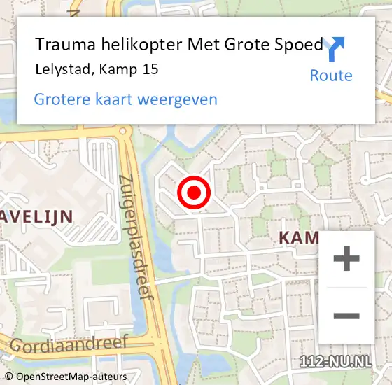 Locatie op kaart van de 112 melding: Trauma helikopter Met Grote Spoed Naar Lelystad, Kamp 15 op 19 juli 2024 12:10