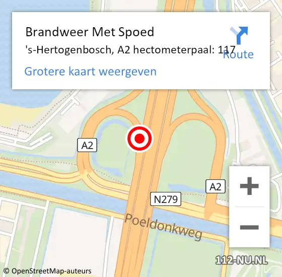 Locatie op kaart van de 112 melding: Brandweer Met Spoed Naar 's-Hertogenbosch, A2 hectometerpaal: 117 op 19 juli 2024 15:15