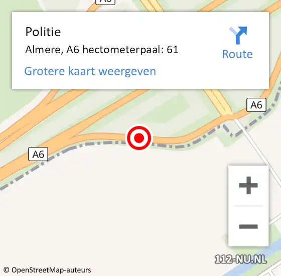 Locatie op kaart van de 112 melding: Politie Almere, A6 hectometerpaal: 61 op 19 juli 2024 15:41
