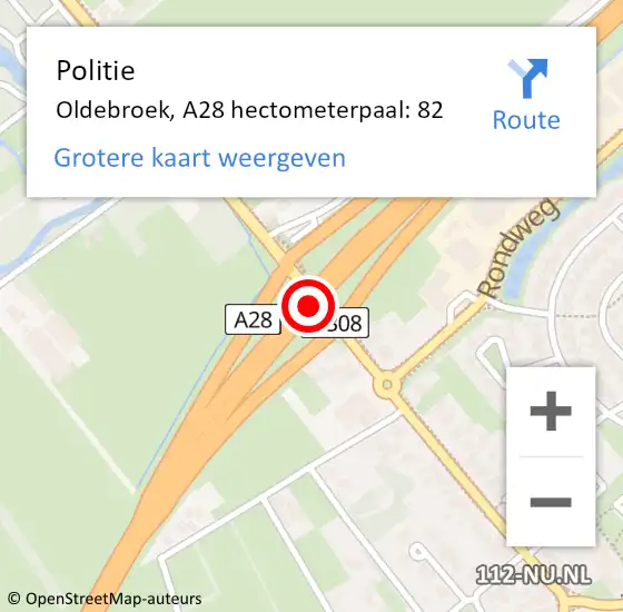 Locatie op kaart van de 112 melding: Politie Oldebroek, A28 hectometerpaal: 82 op 19 juli 2024 16:04