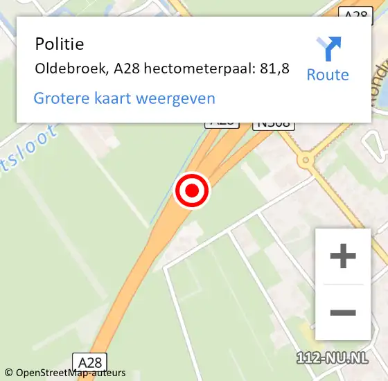 Locatie op kaart van de 112 melding: Politie Oldebroek, A28 hectometerpaal: 81,8 op 19 juli 2024 16:05