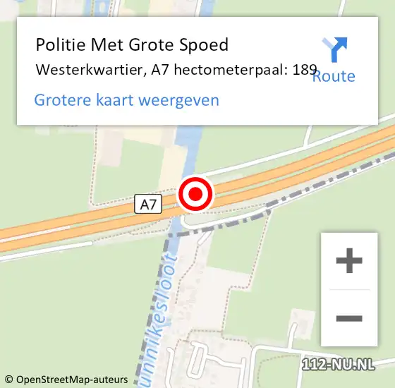 Locatie op kaart van de 112 melding: Politie Met Grote Spoed Naar Westerkwartier, A7 hectometerpaal: 189 op 19 juli 2024 17:11