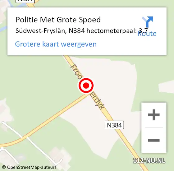 Locatie op kaart van de 112 melding: Politie Met Grote Spoed Naar Súdwest-Fryslân, N384 hectometerpaal: 3,7 op 19 juli 2024 17:33