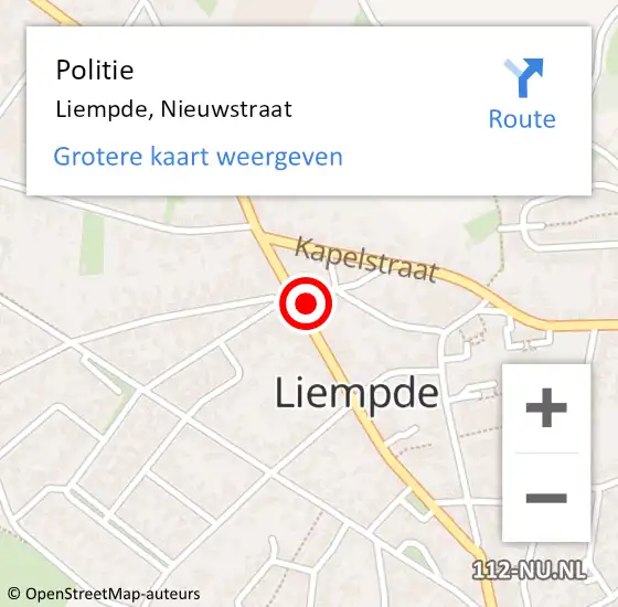 Locatie op kaart van de 112 melding: Politie Liempde, Nieuwstraat op 19 juli 2024 18:04