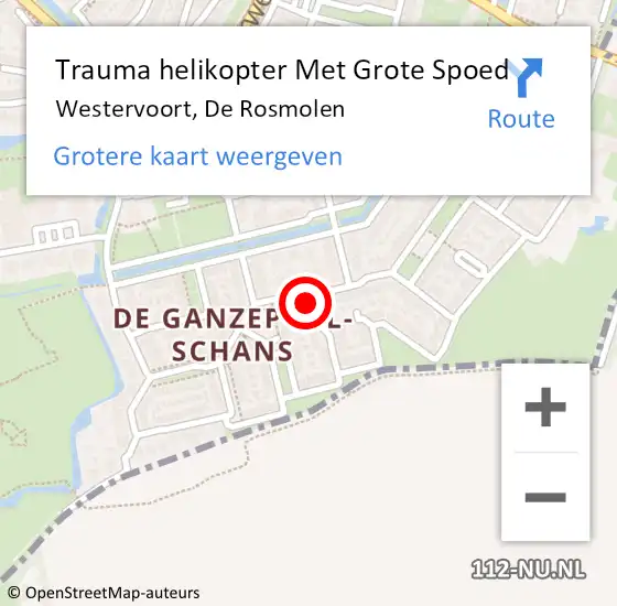 Locatie op kaart van de 112 melding: Trauma helikopter Met Grote Spoed Naar Westervoort, De Rosmolen op 19 juli 2024 18:15