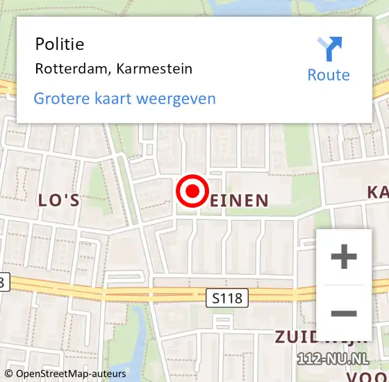 Locatie op kaart van de 112 melding: Politie Rotterdam, Karmestein op 19 juli 2024 18:43