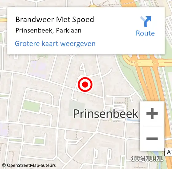 Locatie op kaart van de 112 melding: Brandweer Met Spoed Naar Prinsenbeek, Parklaan op 19 juli 2024 18:54