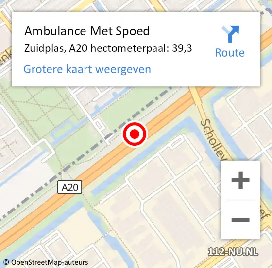 Locatie op kaart van de 112 melding: Ambulance Met Spoed Naar Zuidplas, A20 hectometerpaal: 39,3 op 19 juli 2024 19:09