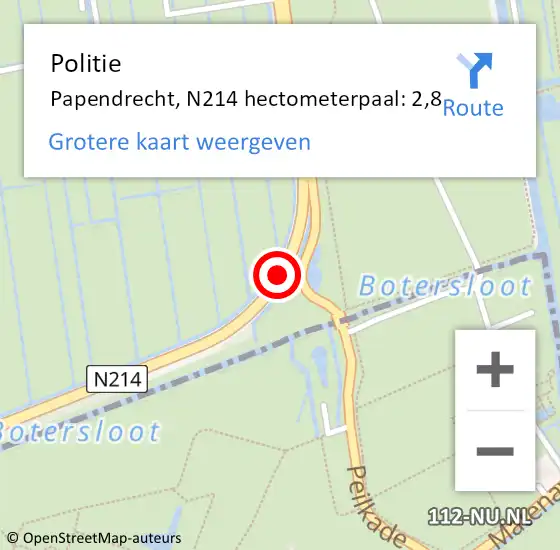 Locatie op kaart van de 112 melding: Politie Molenlanden, N214 hectometerpaal: 2,8 op 19 juli 2024 19:37