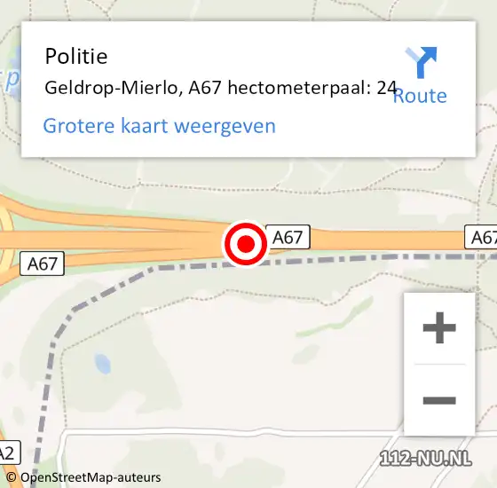 Locatie op kaart van de 112 melding: Politie Geldrop-Mierlo, A67 hectometerpaal: 24 op 19 juli 2024 20:10