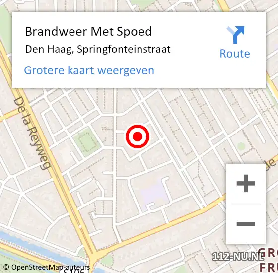 Locatie op kaart van de 112 melding: Brandweer Met Spoed Naar Den Haag, Springfonteinstraat op 19 juli 2024 23:22