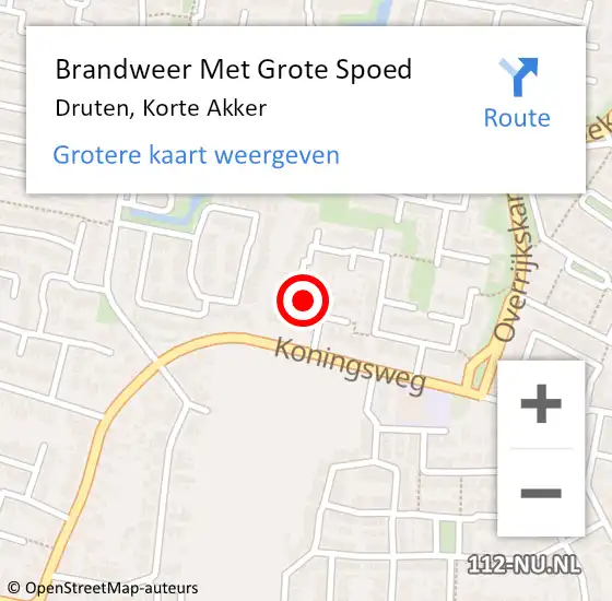 Locatie op kaart van de 112 melding: Brandweer Met Grote Spoed Naar Druten, Korte Akker op 20 juli 2024 03:30