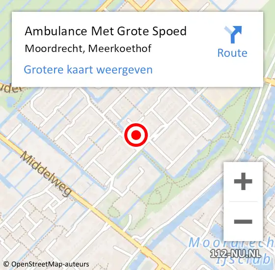 Locatie op kaart van de 112 melding: Ambulance Met Grote Spoed Naar Moordrecht, Meerkoethof op 20 juli 2024 05:23