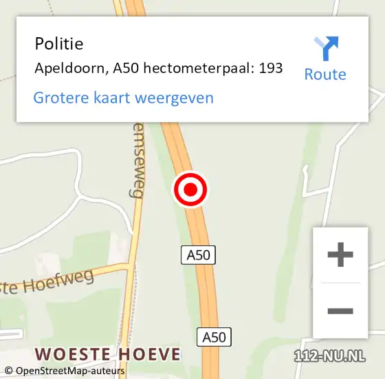 Locatie op kaart van de 112 melding: Politie Apeldoorn, A50 hectometerpaal: 193 op 20 juli 2024 06:15