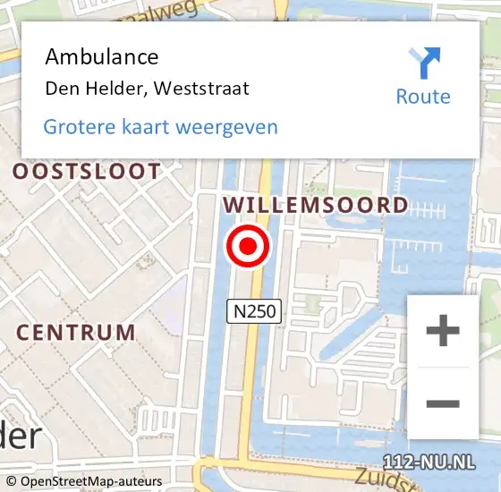 Locatie op kaart van de 112 melding: Ambulance Den Helder, Weststraat op 20 juli 2024 08:42