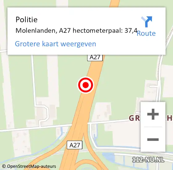 Locatie op kaart van de 112 melding: Politie Molenlanden, A27 hectometerpaal: 37,4 op 20 juli 2024 09:49