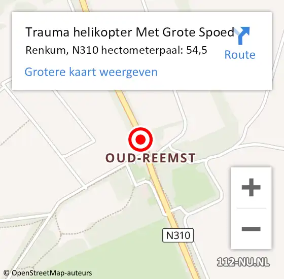 Locatie op kaart van de 112 melding: Trauma helikopter Met Grote Spoed Naar Renkum, N310 hectometerpaal: 54,5 op 20 juli 2024 10:31