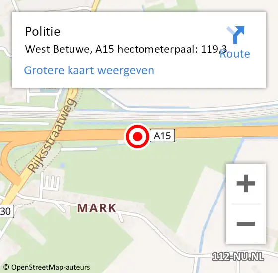 Locatie op kaart van de 112 melding: Politie West Betuwe, A15 hectometerpaal: 119,3 op 20 juli 2024 10:37