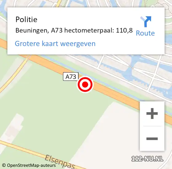 Locatie op kaart van de 112 melding: Politie Beuningen, A73 hectometerpaal: 110,8 op 20 juli 2024 11:17