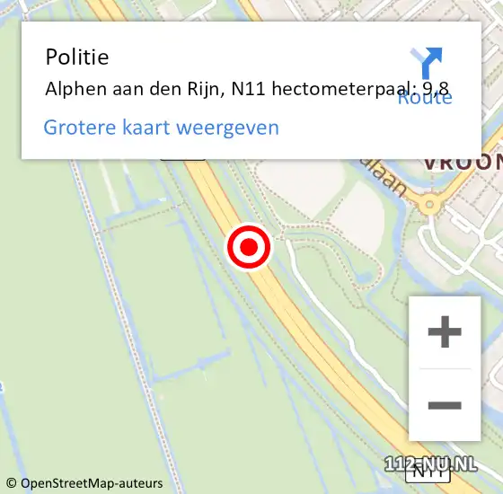 Locatie op kaart van de 112 melding: Politie Alphen aan den Rijn, N11 hectometerpaal: 9,8 op 20 juli 2024 12:40