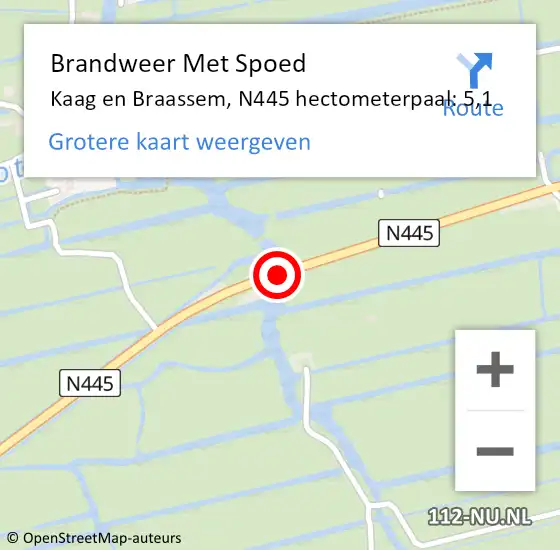 Locatie op kaart van de 112 melding: Brandweer Met Spoed Naar Kaag en Braassem, N445 hectometerpaal: 5,1 op 20 juli 2024 13:10
